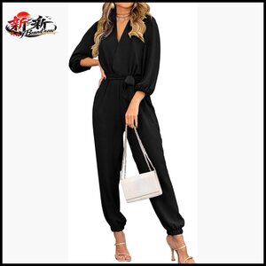 Polyester Jumpsuit with V-Neck, Long Sleeves, Belt, and Pockets